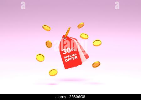 3D Rendering. Price tag with 30 percent discount and surrounded with coins on pastel pink background. Special Offer 30% Discount Tag. Super sale offer Stock Photo