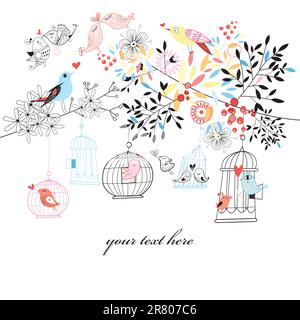 graphics card with plant cells and in love birds on a white background Stock Vector