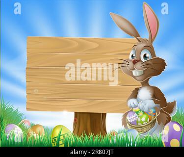 A cute Easter bunny rabbit character standing by a wooden sign holding a basket of decorated Easter eggs surrounded by Easter eggs in a field Stock Vector
