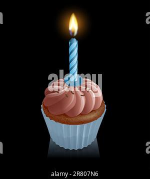 Illustration of chocolate fairy cake cupcake with blue birthday candle Stock Vector