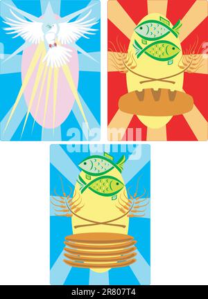A set of Christian symbols or Christian themed art work representing peace, the  holy spirit, and the miracle of the few fish and bread that were m... Stock Vector