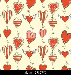 Seamless cartoon romantic pattern with hearts on ropes with bows Stock Vector