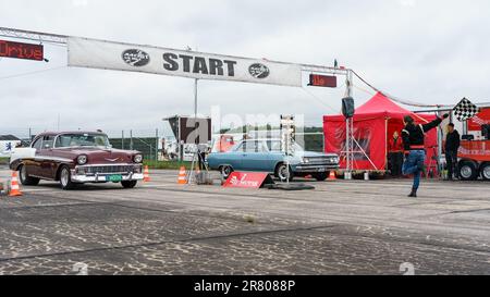 FINOWFURT, GERMANY - MAY 06, 2023: The vintage cars on the pitlane. Race festival 2023. Season opening. Stock Photo