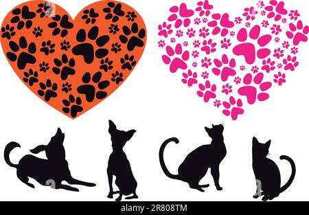 red heart with cat and dog footprint pattern, vector background Stock Vector