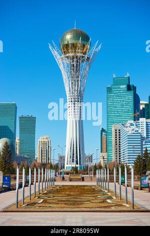 Astana (Nur-Sultan), Kazakhstan - April 4, 2023: Nurjol Boulevard and Baiterek tower in Astana city Stock Photo