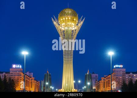 Astana, Kazakhstan - April 4, 2023: Baiterek tower in Astana (Nur-Sultan) at night Stock Photo