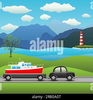 black car with a trailer and boat, on a background of sea and mountains Stock Vector