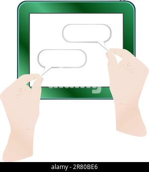 hands are holding and point tablet pc with cloudscape on screen. vector Stock Vector