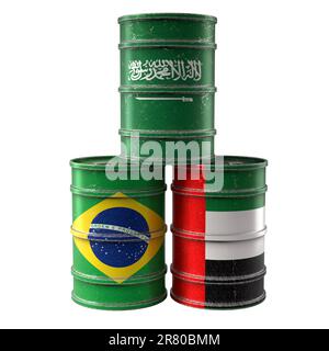 Old Oil Drums with Saudi Arabia, Brazil and United Arab Emirates national flags. 3D Rendering Stock Photo