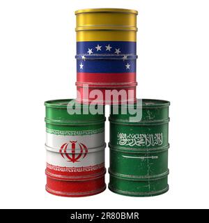 Old Oil Drums with Saudi Arabia, Iran and Venezuela national flags. 3D Rendering Stock Photo