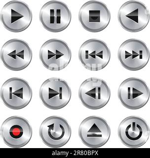 Metallic glossy multimedia control button/icon set. Vector illustration Stock Vector