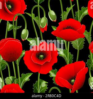 Seamless from red poppies and green leaves.Clipping Mask.(can be repeated and scaled in any size) Stock Vector