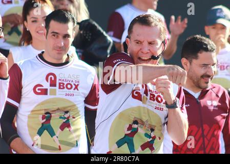 Hundred of Persons take part in the Massive Boxing Class in the Mexico City Zócalo,  headed by personalities from Mexican boxing on June 17, 2023 in Mexico City, Mexico. (Photo by Carlos Santiago/ Eyepix Group/Sipa USA) Stock Photo