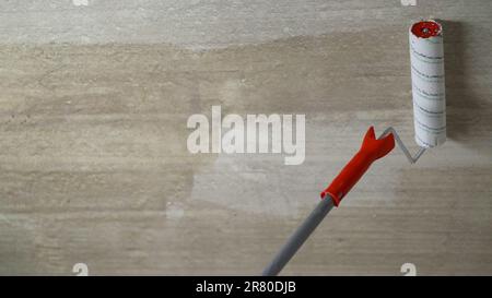 A worker applies paint to the ceiling with a hand roller at home. Priming the ceiling with a roller put on a long stick, close-up. Priming ceiling Stock Photo