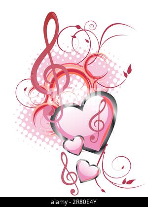 vector illustration of clefs and hearts on a colorful floral background Stock Vector