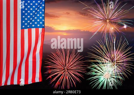 USA Flag on Fireworks Background. 4th of July Independence Day, Patriotic Holiday, Celebration Concept. Stock Photo