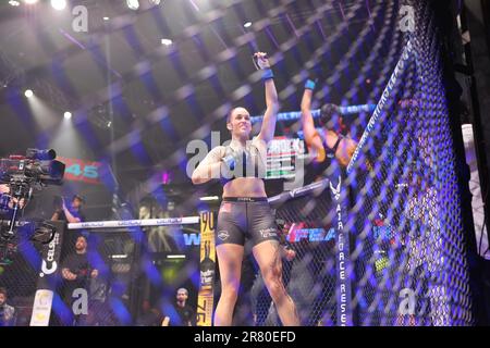 Atlanta, USA. 16th June, 2023. Atlanta, GA - June 16: Amber Leibrock enters the cage during PFL Atlanta 5 on June 16, 2023 at the Overtime Elite Arena in Atlanta, Georgia. (Photo by Aaron Litz/PxImages/Sipa USA) Credit: Sipa USA/Alamy Live News Stock Photo