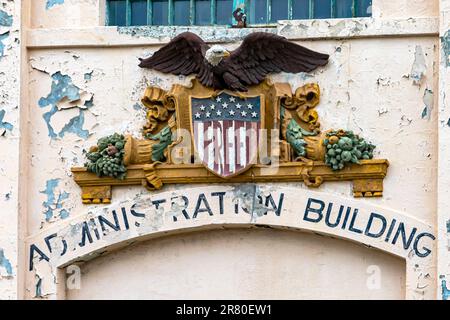 Shield to the administration building of the maximum security federal prison of Alcatraz located in the middle of the San Francisco bay. Stock Photo