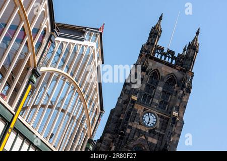 Stockport's Historic Market Hall and St Mary's Church Stock Photo