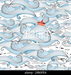 seamless pattern of sea waves and the ships and fish Stock Vector