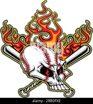 Cartoon Image of Flaming Baseball Bats and Skull with Baseball Laces Stock Vector