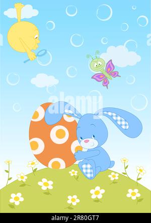 Easter rabbit with egg among the chamomiles under the sun which blowing bubbles. Also available as a Vector in Adobe illustrator EPS 8 format. Stock Vector