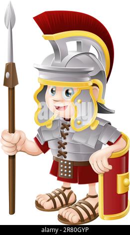 Illustration of a cute happy Roman soldier holding a spear and a shield Stock Vector