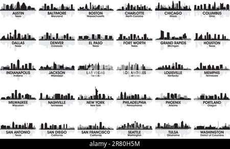 Incredible set of USA city skyline. 30 cities. Stock Vector