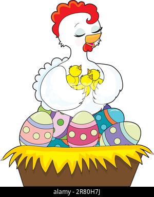 A happy hen holds her chicks with her wings, as she sits on the painted Easter eggs which fill her nest. Stock Vector
