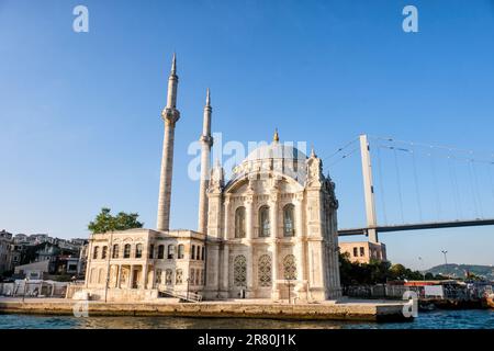 Wide Angle View Of Ortakoy Mosque And Bosphorus Bridge, Istanbul, Turkey Stock Photo