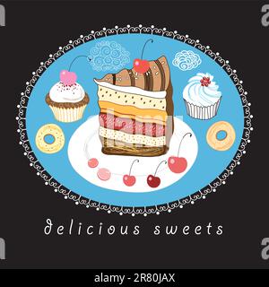 graphic cakes and other sweets on a black background Stock Vector