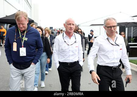 Montreal, Canada. 18th June, 2023. Greg Maffei (USA) Liberty Media Corporation President and Chief Executive Officer (Centre) with Stefano Domenicali (ITA) Formula One President and CEO (Right). 18.06.2023. Formula 1 World Championship, Rd 9, Canadian Grand Prix, Montreal, Canada, Race Day. Photo credit should read: XPB/Press Association Images. Credit: XPB Images Ltd/Alamy Live News Stock Photo