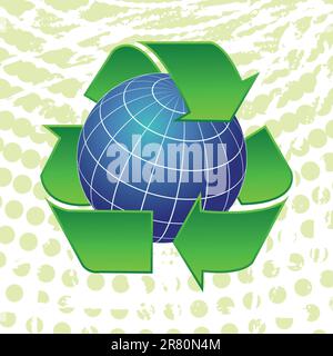 Earth globe in recycling arrows symbol on grunge background vector illustration. Stock Vector