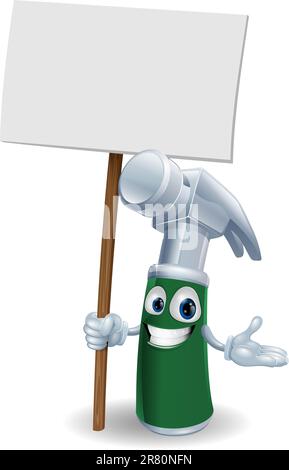 Claw hammer tool cartoon character mascot illustration holding a sign post Stock Vector