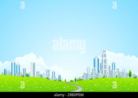 Green Vector landscape with trees road and business city for your design Stock Vector