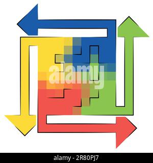 Four rotating colorful blending arrows: green, yellow, red and blue Stock Vector