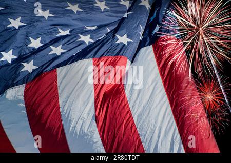 USA Flag on Fireworks Background. 4th of July Independence Day, Patriotic Holiday, Celebration Concept Stock Photo