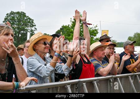 Eridge, UK. 18th June, 2023. Eridge Park, Eridge, Kent, UK on June 18 2023. Festival goers during the Black Deer Festival of Americana in the grounds of Eridge Park, Eridge, Kent, UK on June 18 2023. Credit: Francis Knight/Alamy Live News Stock Photo