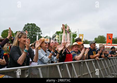 Eridge, UK. 18th June, 2023. Eridge Park, Eridge, Kent, UK on June 18 2023. Festival goers during the Black Deer Festival of Americana in the grounds of Eridge Park, Eridge, Kent, UK on June 18 2023. Credit: Francis Knight/Alamy Live News Stock Photo