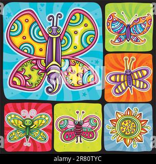 Beautiful, cartoon, colorful butterflies with open wings on bright swirly backgrounds, Icons set for you designs. Stock Vector