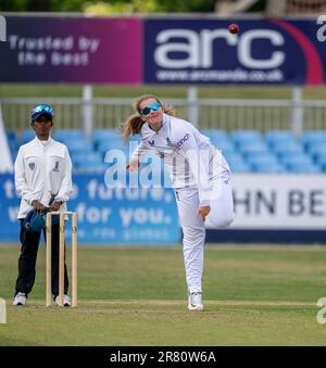 Sophie Ecclestone bowling for England against Australia A in a 3 day warm up match ahead of the Ashes Test Match Stock Photo