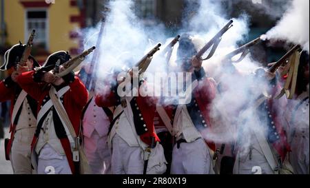 Re-enactors recreate the battle of Enniscorthy Bridge in Enniscorthy, Co Wexford to mark the 225th anniversary of the 1798 rebellion between the United Irish men and the forces of the Crown. Picture date: Sunday June 18, 2023. Stock Photo