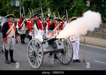 Re-enactors recreate the battle of Enniscorthy Bridge in Enniscorthy, Co Wexford to mark the 225th anniversary of the 1798 rebellion between the United Irish men and the forces of the Crown. Picture date: Sunday June 18, 2023. Stock Photo