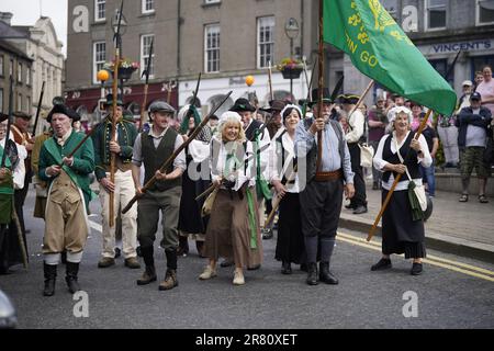 Re-enactors recreate the battle of Enniscorthy Bridge in Enniscorthy, Co Wexford to mark the 225th anniversary of the 1798 rebellion between the United Irish men and the forces of the Crown. Picture date: Sunday June 18, 2023. Stock Photo