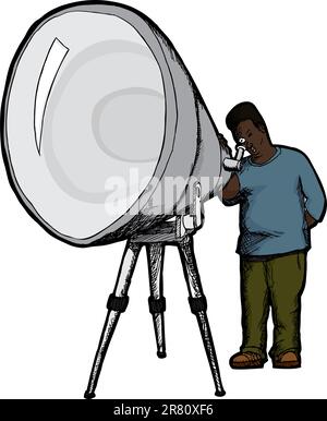 Surprised Black man looks through large telescope Stock Vector
