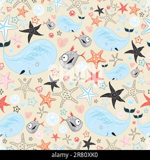 seamless graphic design from the sea love whales and fish on a light background with stars Stock Vector