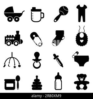 Baby objects icon set in black Stock Vector