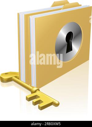 Folder or file with a keyhole locked with a key. Concept for privacy or data protection, or secure data storage etc. Stock Vector