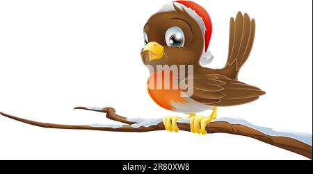 A Christmas Robin bird sitting on snowy branch illustration Stock Vector