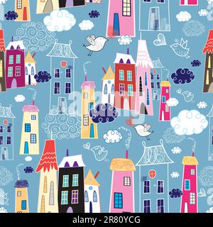 seamless pattern of houses with birds and clouds in the blue Stock Vector